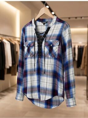 Express Blue White Plaid Lace-Up Button Front Blouse